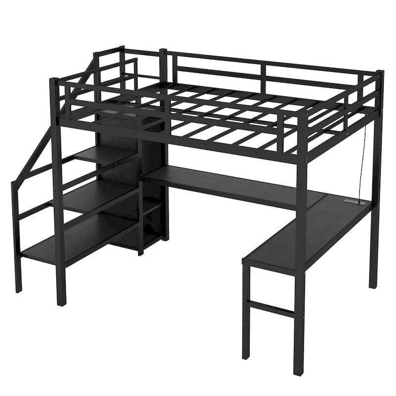 Lit mezzanine noir double XL en métal avec bureau en L, armoire, escalier, USB et LED