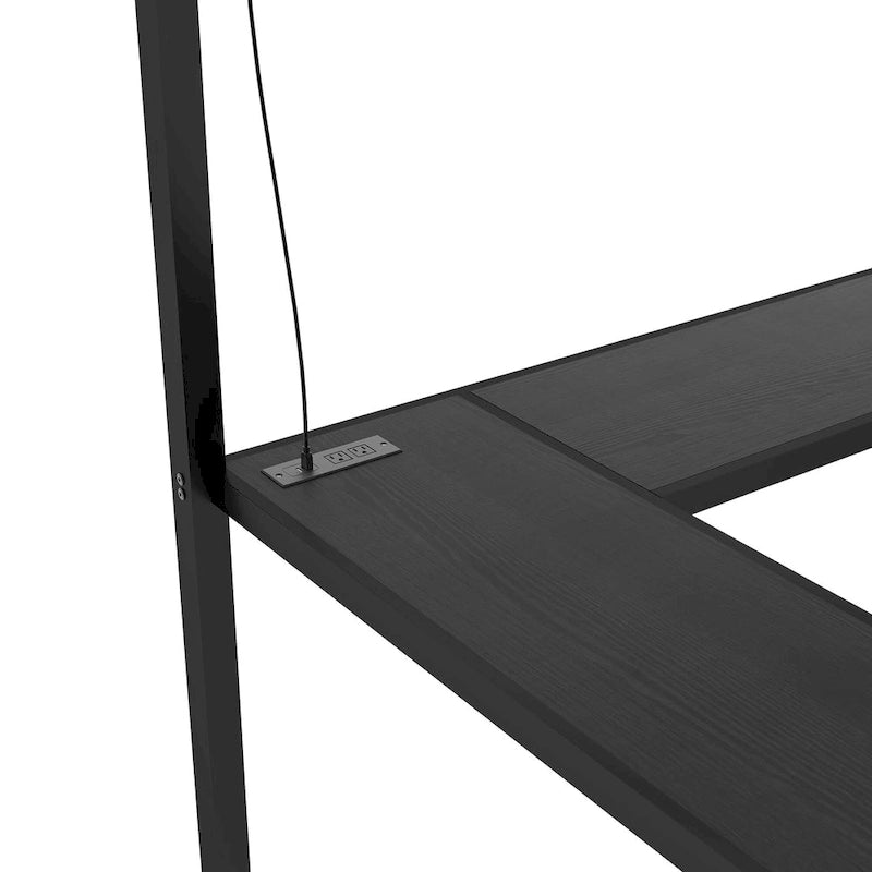 Lit mezzanine noir double XL en métal avec bureau en L, armoire, escalier, USB et LED