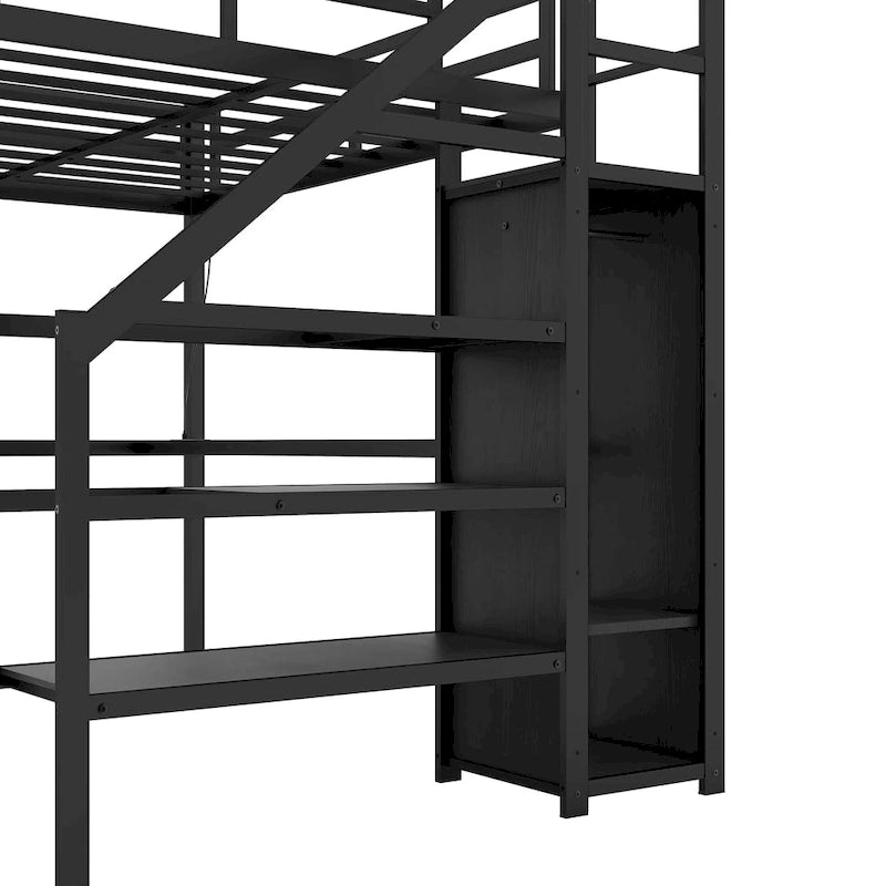 Lit mezzanine noir double XL en métal avec bureau en L, armoire, escalier, USB et LED