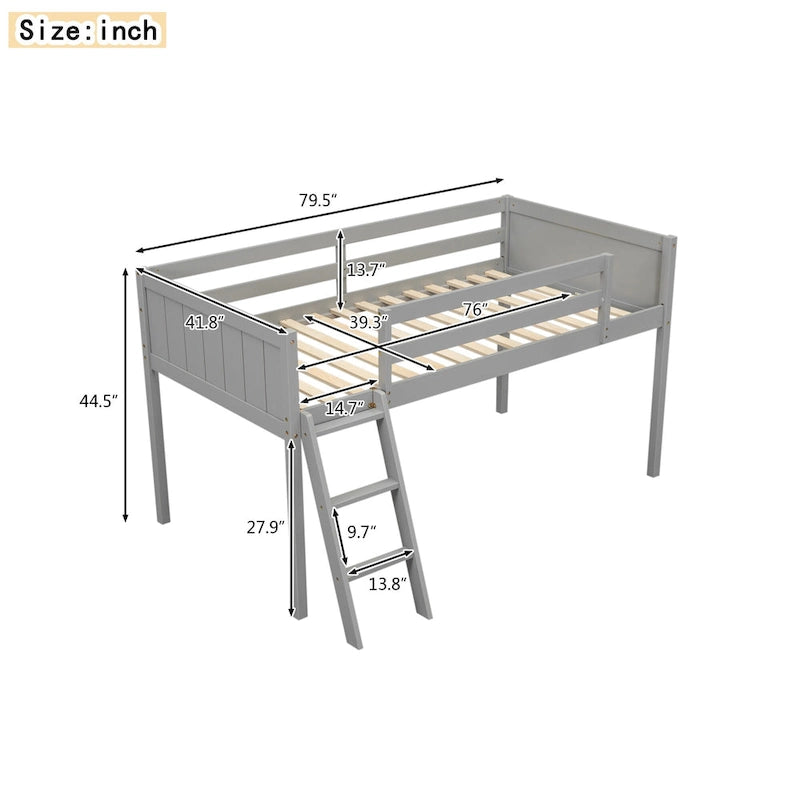 Gray Low Loft Bed with Safety Guardrails and Convertible Angled Ladder for Kids