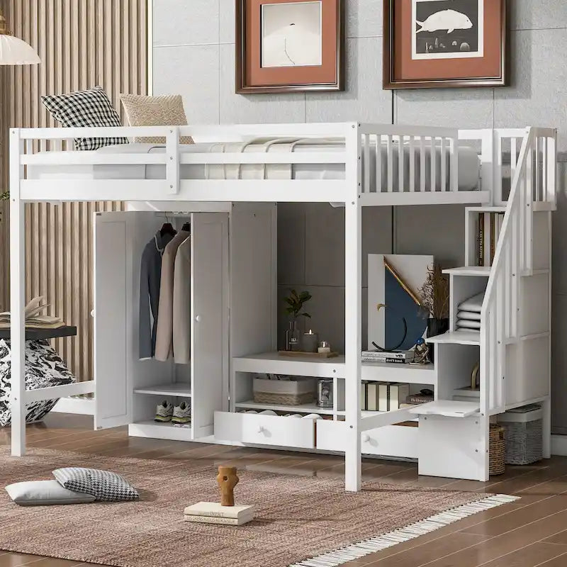 Full Size Pine Wood Loft Bed with Wardrobe, Storage Drawers, and Staircase in White and Gray