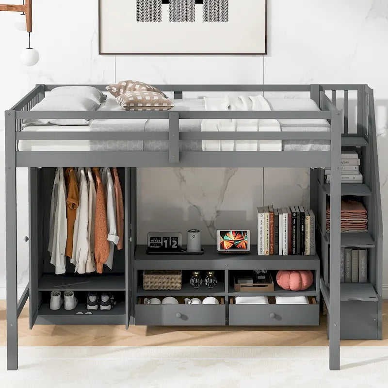 Full Size Solid Wood Loft Bed with Wardrobe, Low Storage Table, and Staircase