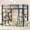 Black Metal Loft Bed with Built-in Desk and Storage Shelves