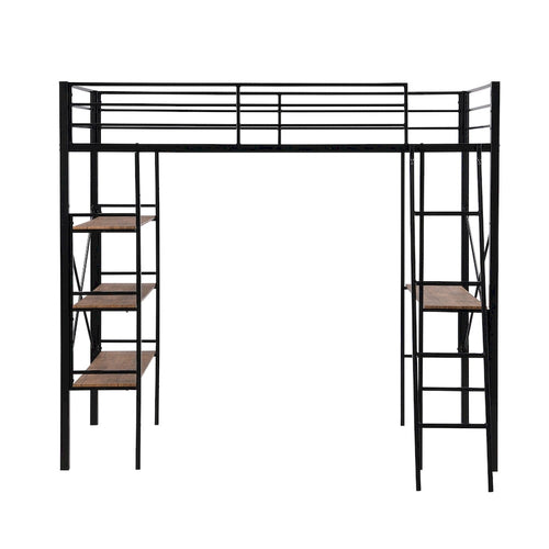Schwarzes Metall-Hochbett mit integriertem Schreibtisch und Ablagefächern