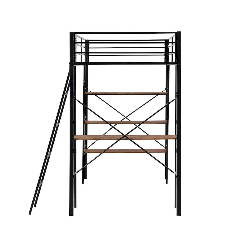 Black Metal Loft Bed with Built-in Desk and Storage Shelves