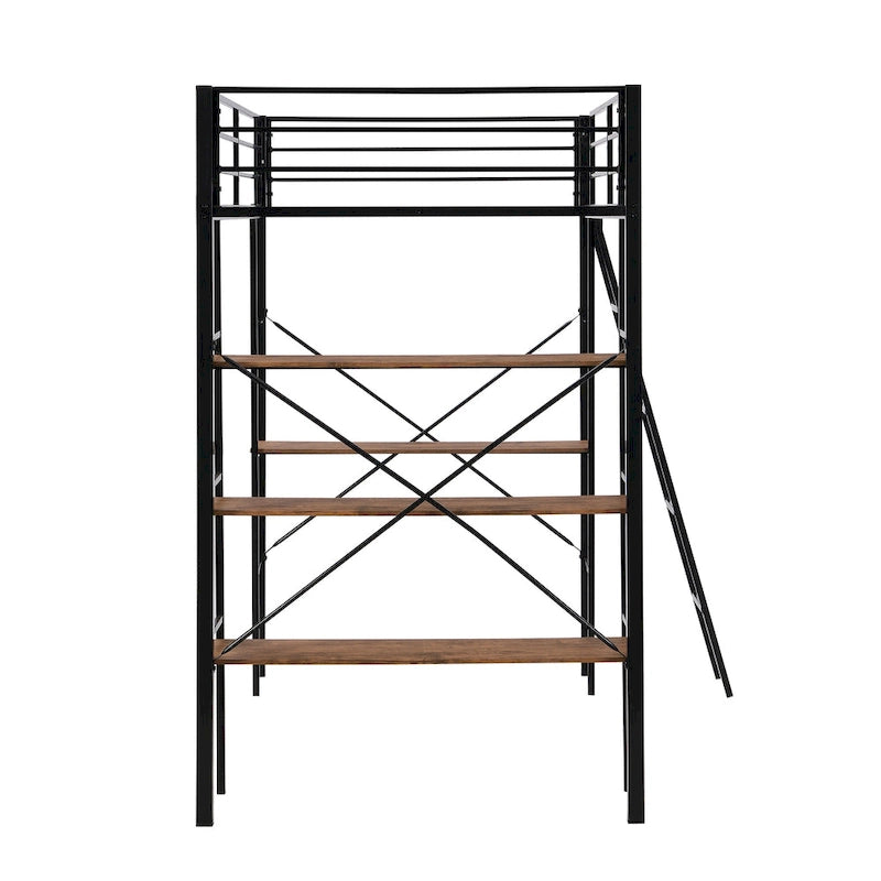 Black Metal Loft Bed with Built-in Desk and Storage Shelves