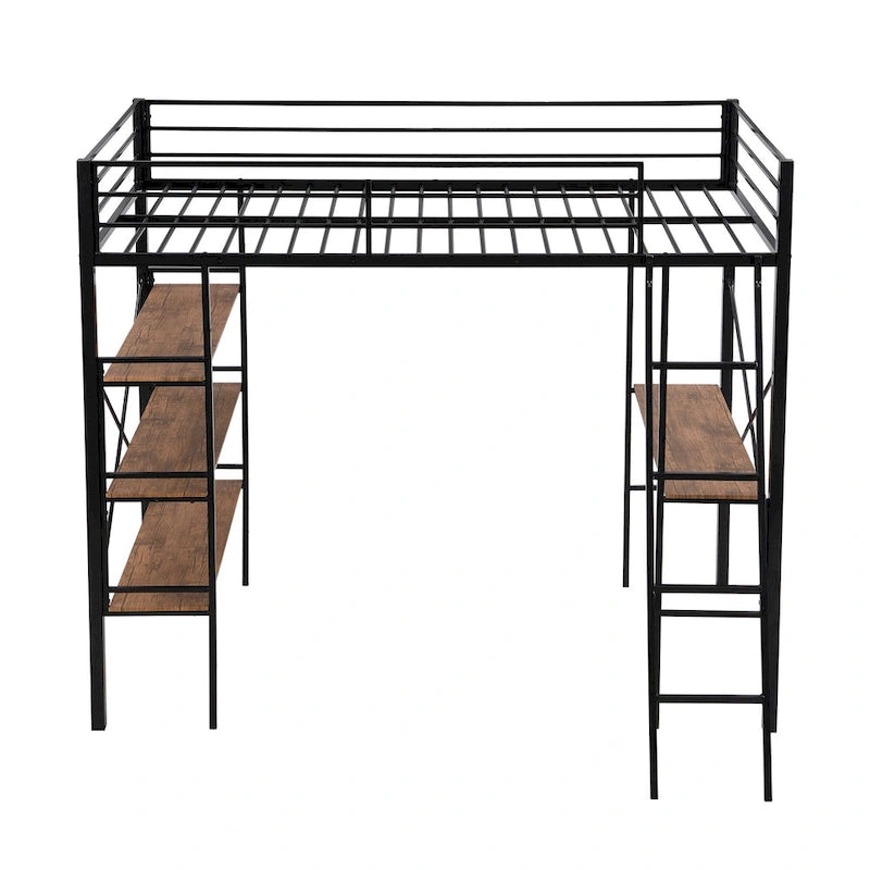 Black Metal Loft Bed with Built-in Desk and Storage Shelves