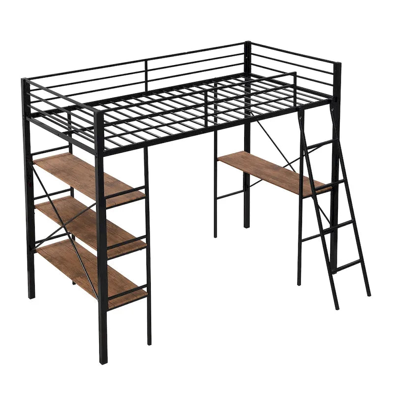Black Metal Loft Bed with Built-in Desk and Storage Shelves