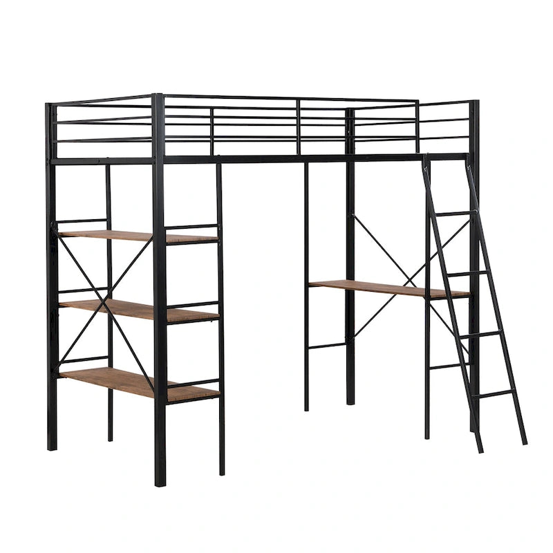 Black Metal Loft Bed with Built-in Desk and Storage Shelves