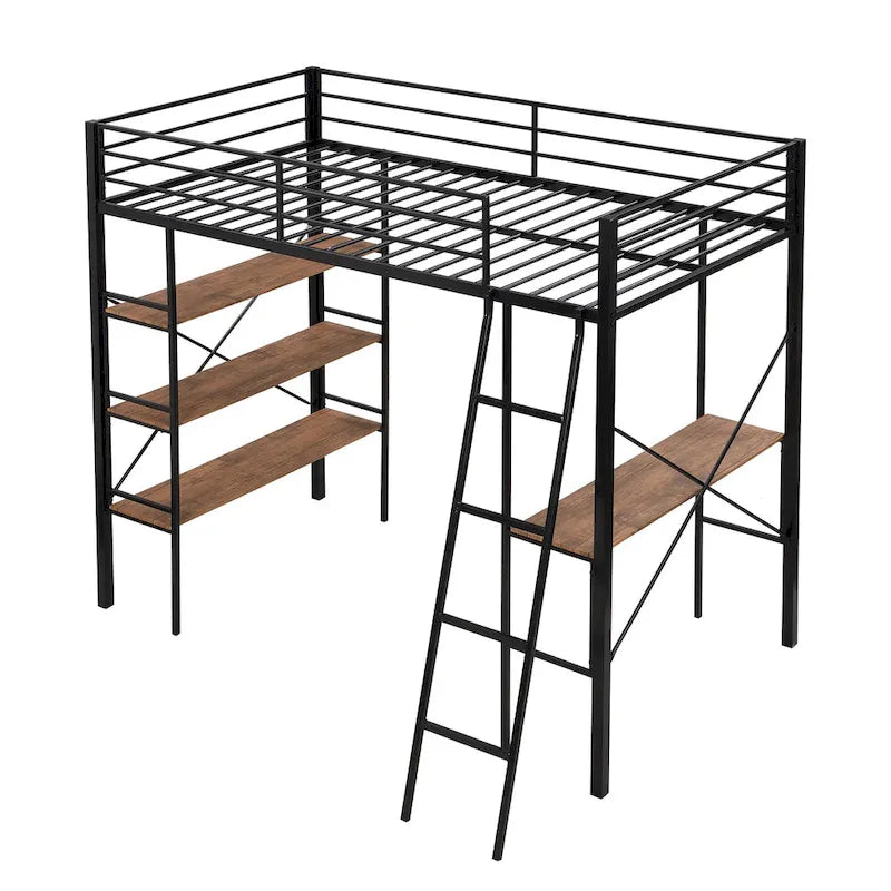 Black Metal Loft Bed with Built-in Desk and Storage Shelves