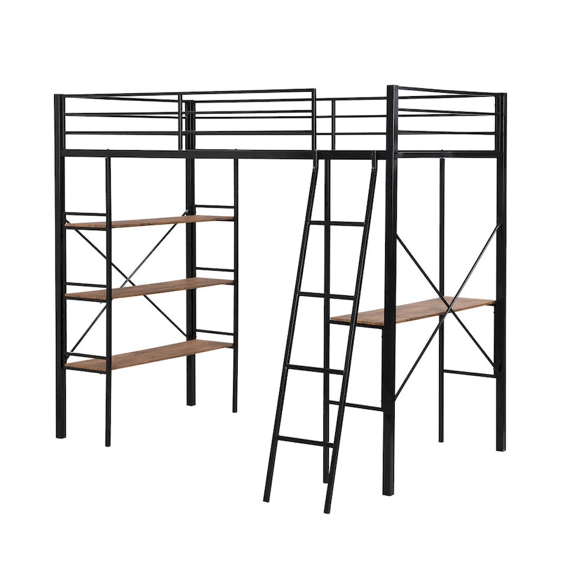 Black Metal Loft Bed with Built-in Desk and Storage Shelves