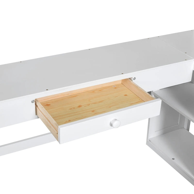 Weißes Hochbett aus Holz mit Schreibtisch, Tafel, Ablagefächern und Schubladen