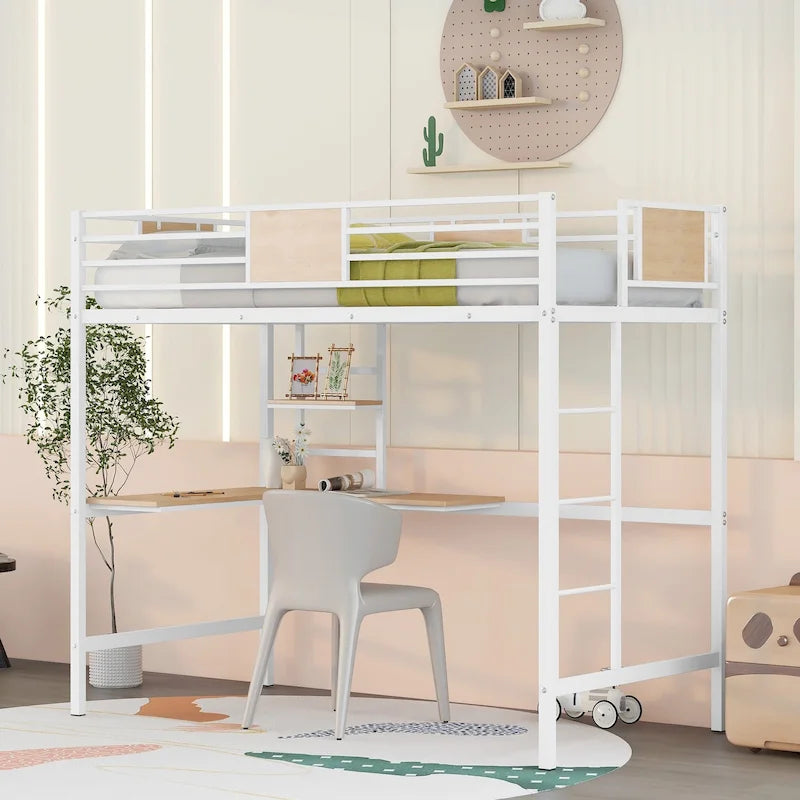 White Metal Loft Bed with Built-In Desk Shelves Ladder Guardrail Kids