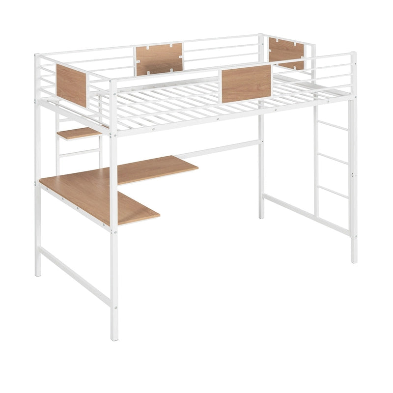 White Metal Loft Bed with Built-In Desk Shelves Ladder Guardrail Kids