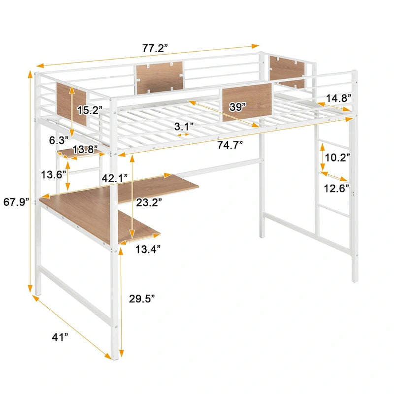 Weißes Metall-Hochbett mit integriertem Schreibtisch, Ablagefächern, Leiter und Sicherheitsgeländer für Kinder