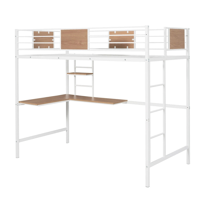White Metal Loft Bed with Built-In Desk Shelves Ladder Guardrail Kids