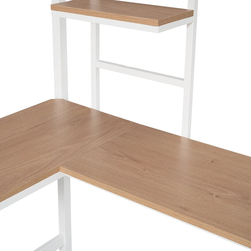 White Metal Loft Bed with Built-In Desk Shelves Ladder Guardrail Kids