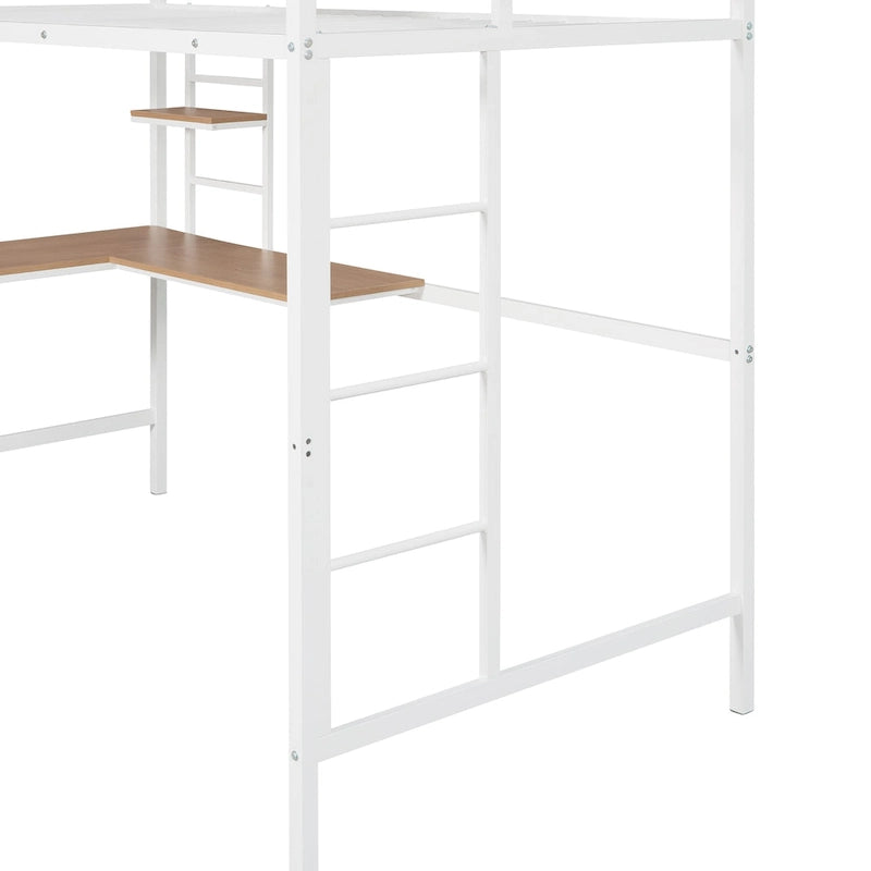White Metal Loft Bed with Built-In Desk Shelves Ladder Guardrail Kids
