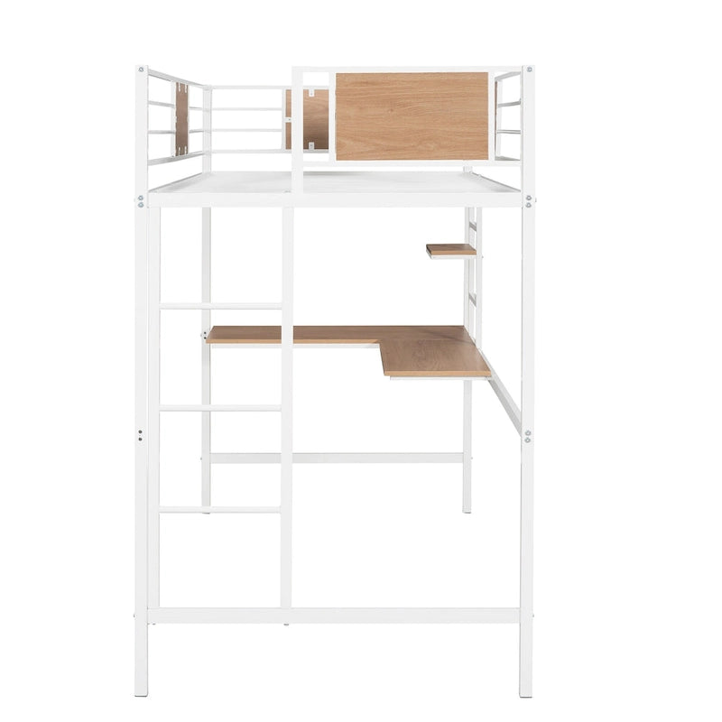 White Metal Loft Bed with Built-In Desk Shelves Ladder Guardrail Kids