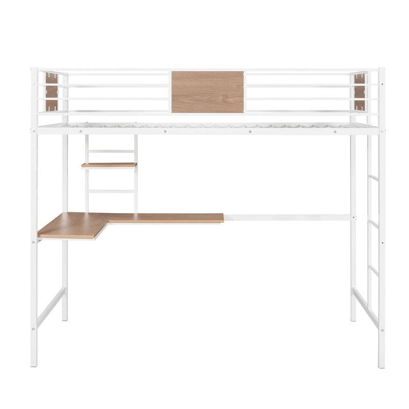 White Metal Loft Bed with Built-In Desk Shelves Ladder Guardrail Kids