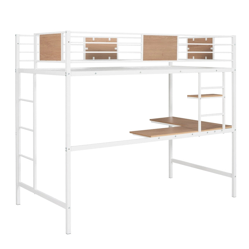 White Metal Loft Bed with Built-In Desk Shelves Ladder Guardrail Kids