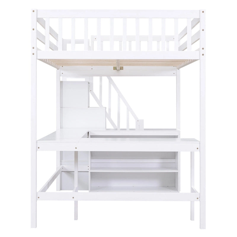 White Pine Wood Full Size Loft Bed with Desk Storage Staircase