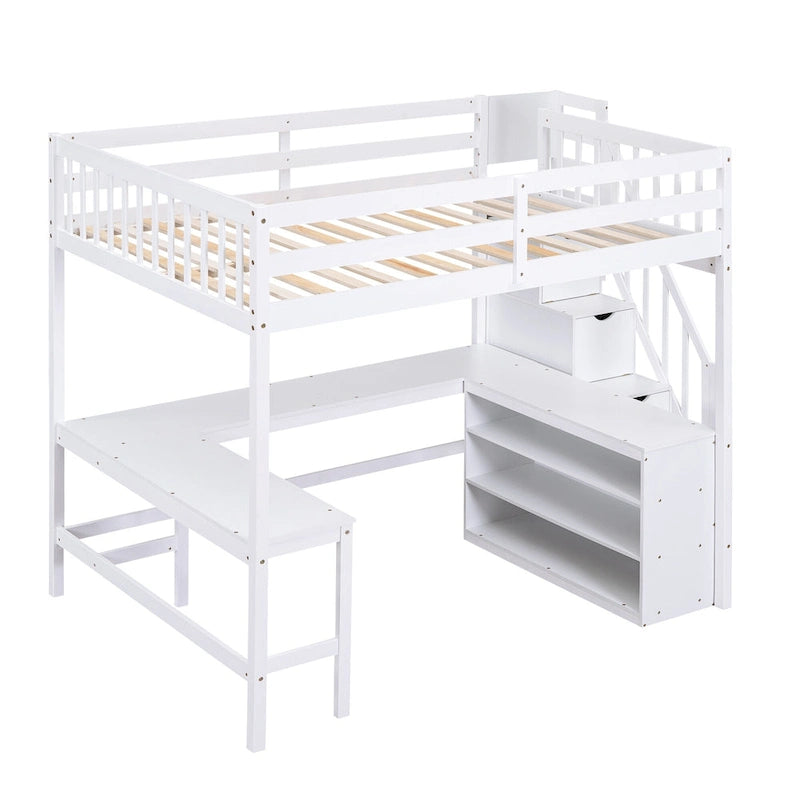 White Pine Wood Full Size Loft Bed with Desk Storage Staircase