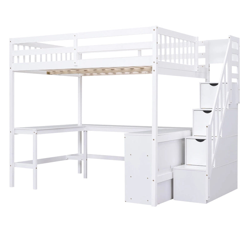 White Pine Wood Full Size Loft Bed with Desk Storage Staircase