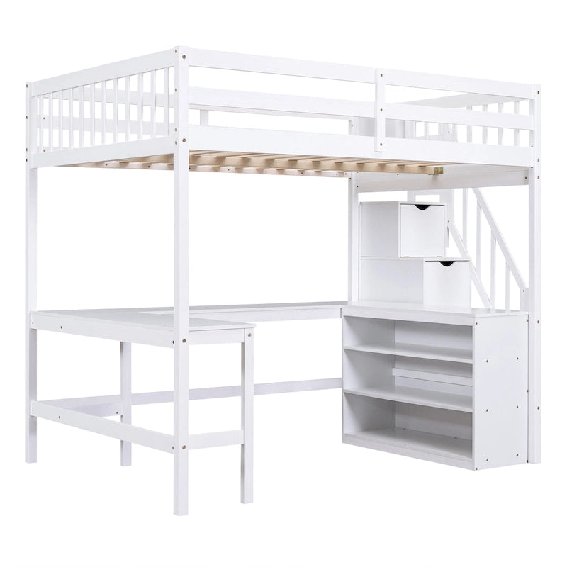 White Pine Wood Full Size Loft Bed with Desk Storage Staircase