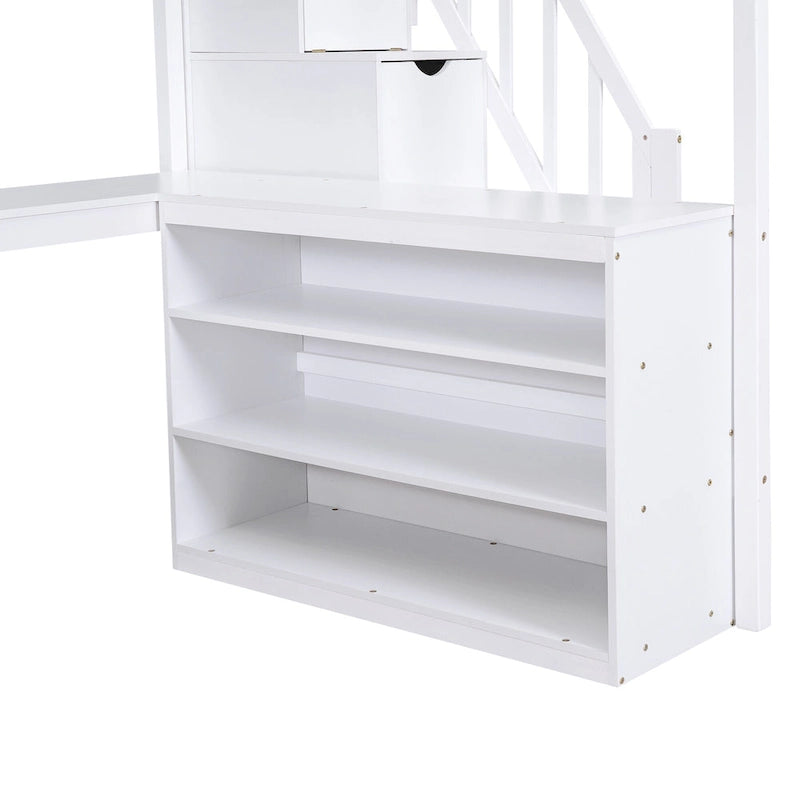 White Pine Wood Full Size Loft Bed with Desk Storage Staircase