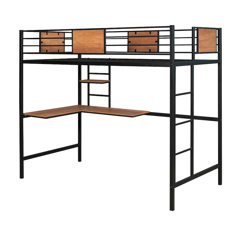 Cama alta negra de metal individual con escritorio integrado, estantes de almacenamiento, escalera y baranda de seguridad