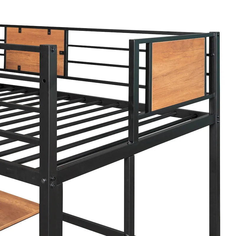 Cama alta negra de metal individual con escritorio integrado, estantes de almacenamiento, escalera y baranda de seguridad