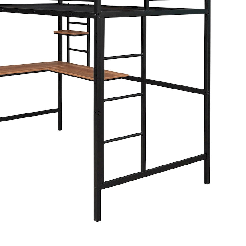 Cama alta negra de metal individual con escritorio integrado, estantes de almacenamiento, escalera y baranda de seguridad