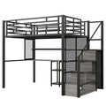 Black Full Size Metal Loft Bed with Wardrobe, Desk, and Storage Shelves