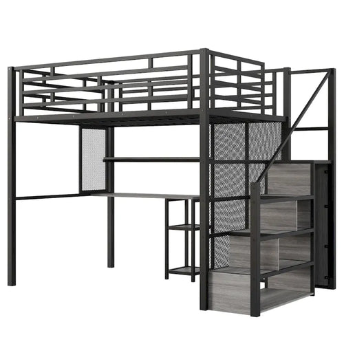 Black Full Size Metal Loft Bed with Wardrobe, Desk, and Storage Shelves