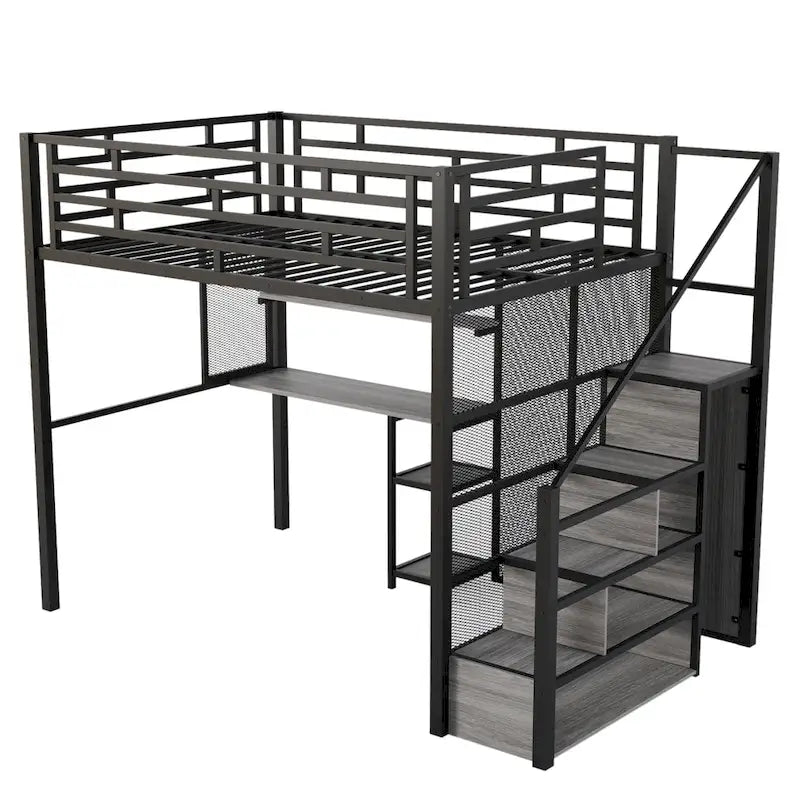 Black Metal Loft Bed with Desk, Wardrobe, Storage Shelves and Staircase