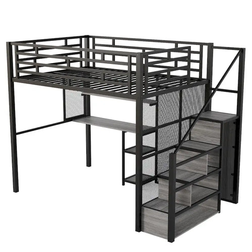 Black Metal Loft Bed with Desk, Wardrobe, Storage Shelves and Staircase