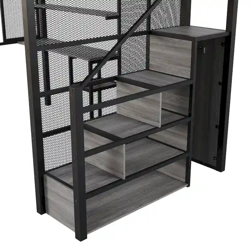 Black Metal Loft Bed with Desk, Wardrobe, Storage Shelves and Staircase