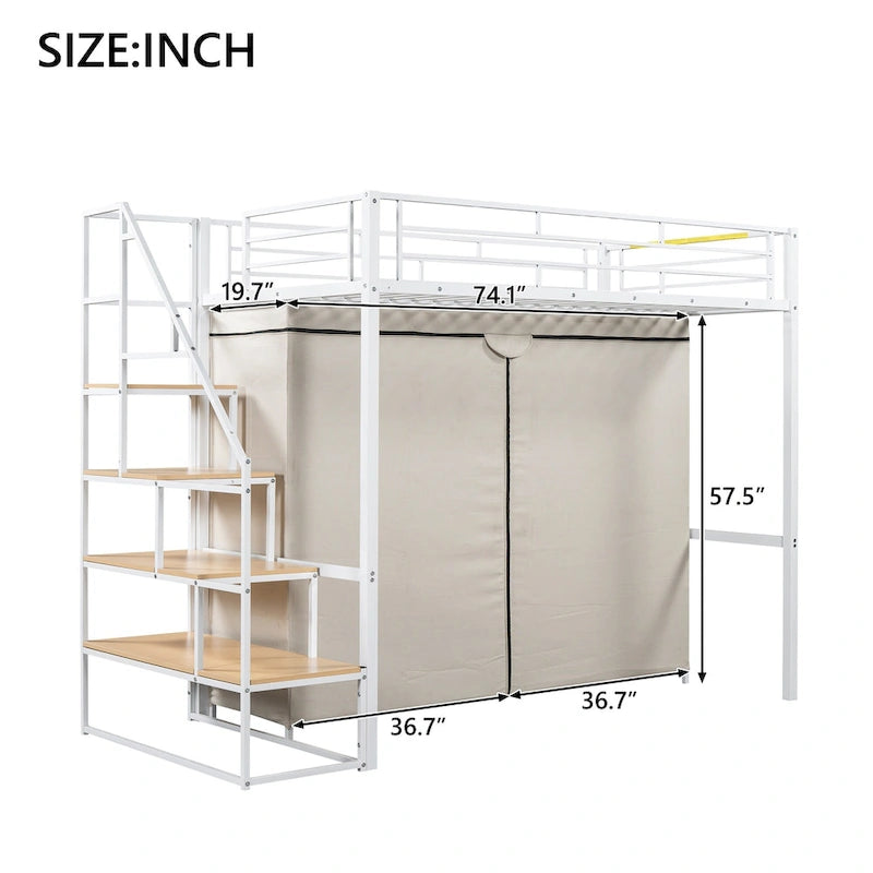 White Metal Loft Bed with Wardrobe Storage Shelves and Staircase for Kids