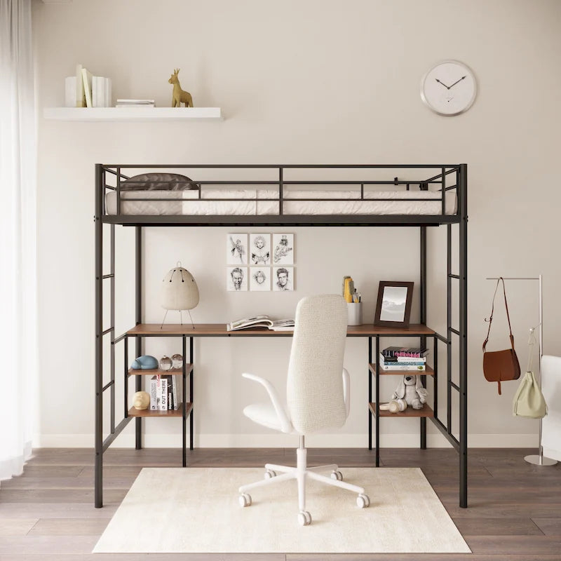 Black Metal Loft Bed with Built-in Desk, Shelves and Safety Guardrail