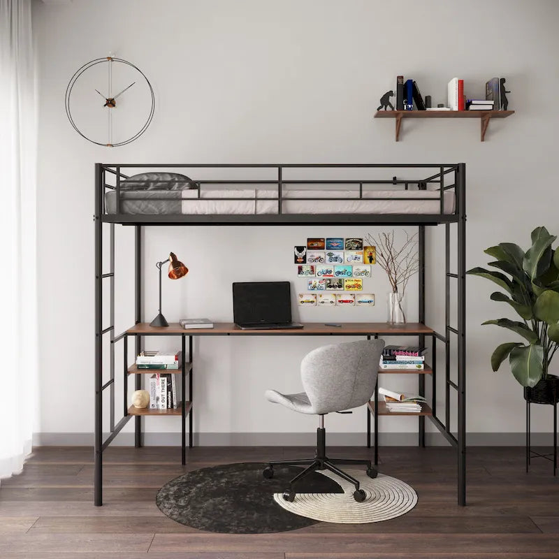 Black Metal Loft Bed with Built-in Desk, Shelves and Safety Guardrail