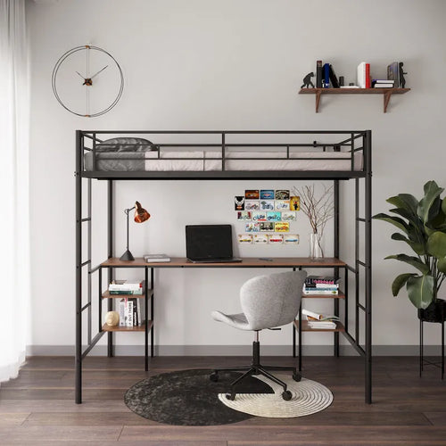 Black Metal Loft Bed with Built-in Desk, Shelves and Safety Guardrail