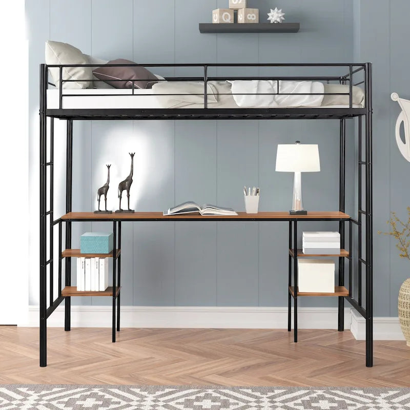 Black Metal Loft Bed with Built-in Desk, Shelves and Safety Guardrail