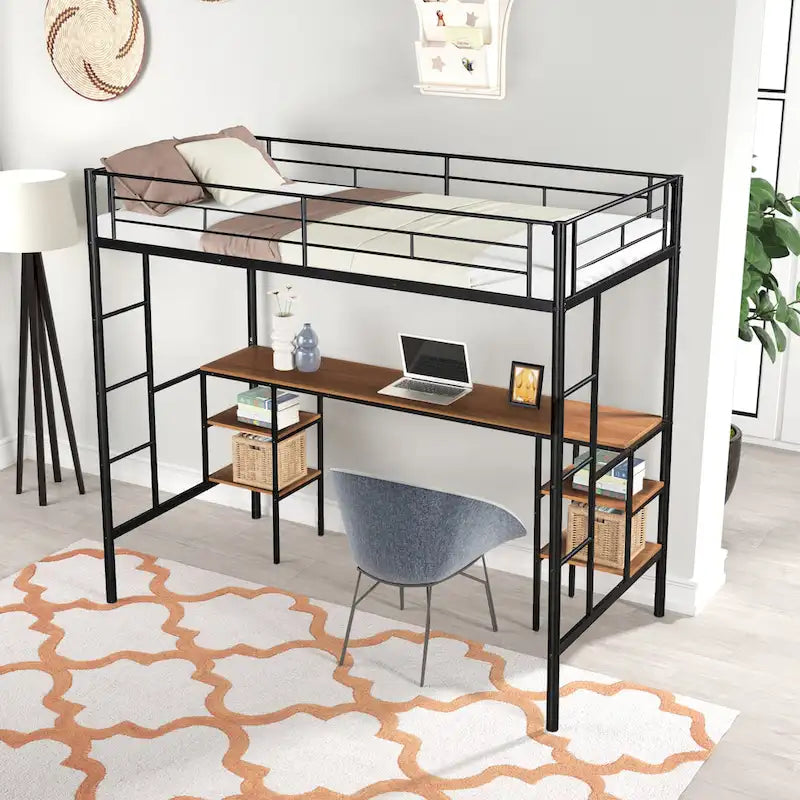 Black Metal Loft Bed with Built-in Desk, Shelves and Safety Guardrail