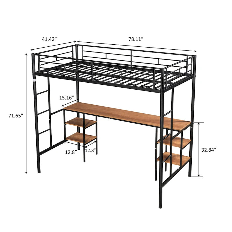 Black Metal Loft Bed with Built-in Desk, Shelves and Safety Guardrail