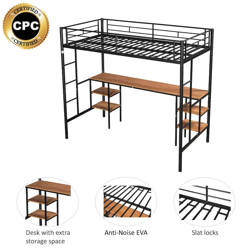 Black Metal Loft Bed with Built-in Desk, Shelves and Safety Guardrail