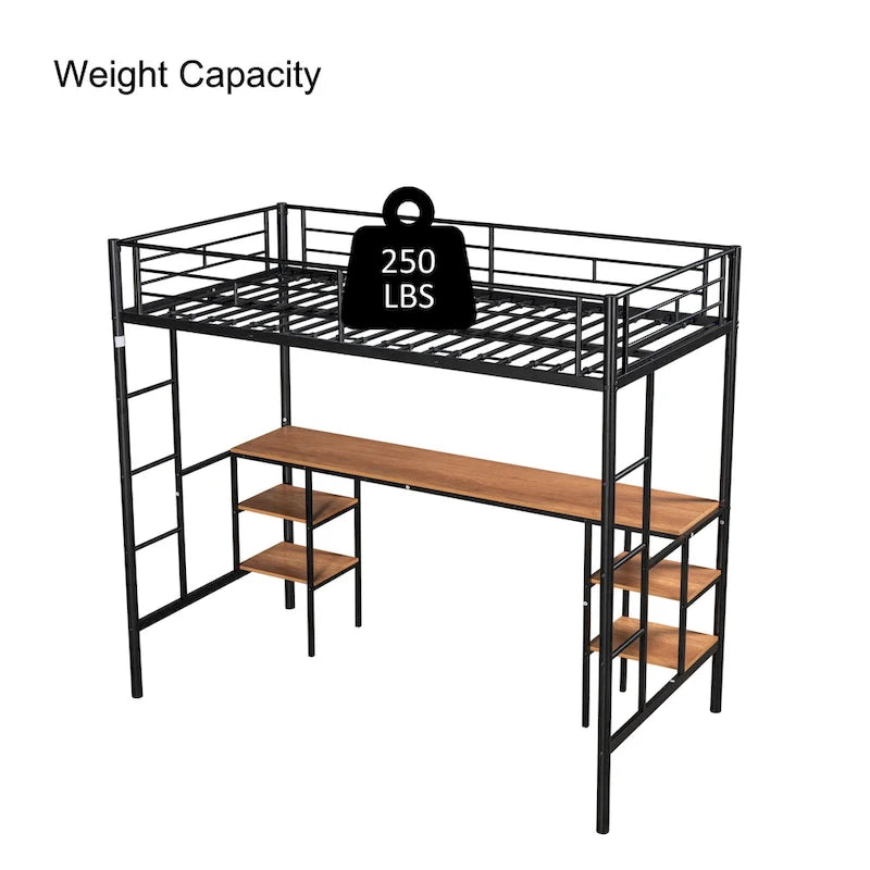 Black Metal Loft Bed with Built-in Desk, Shelves and Safety Guardrail
