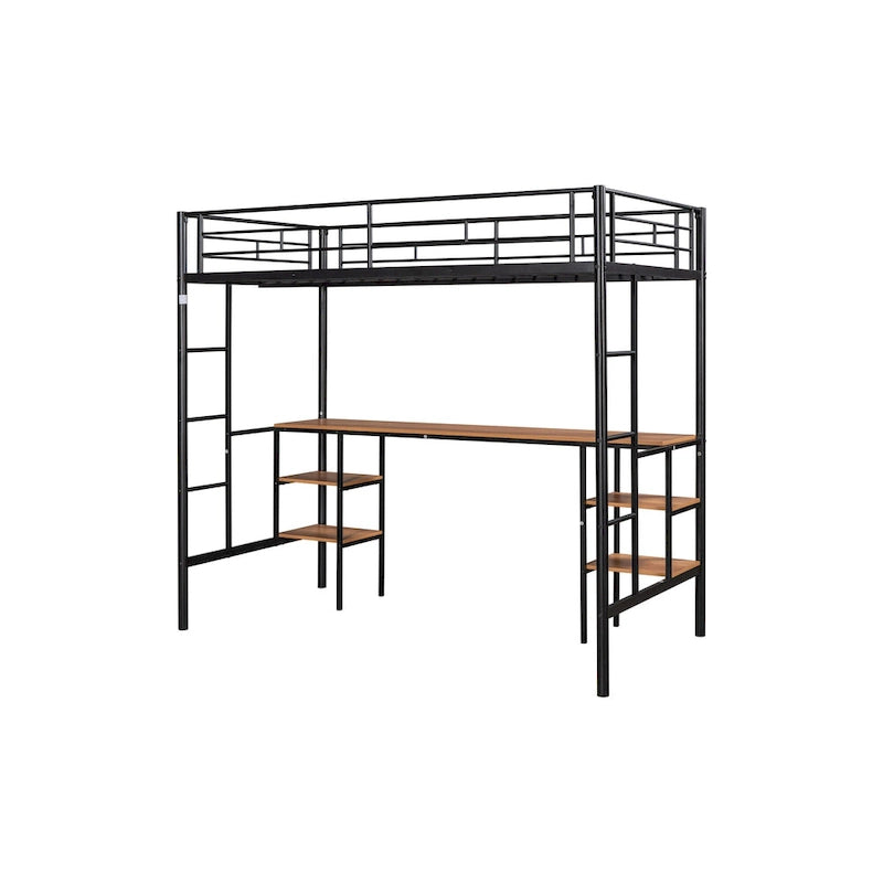Black Metal Loft Bed with Built-in Desk, Shelves and Safety Guardrail