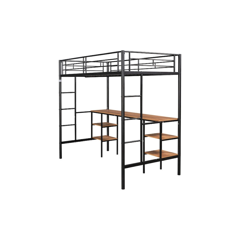 Black Metal Loft Bed with Built-in Desk, Shelves and Safety Guardrail