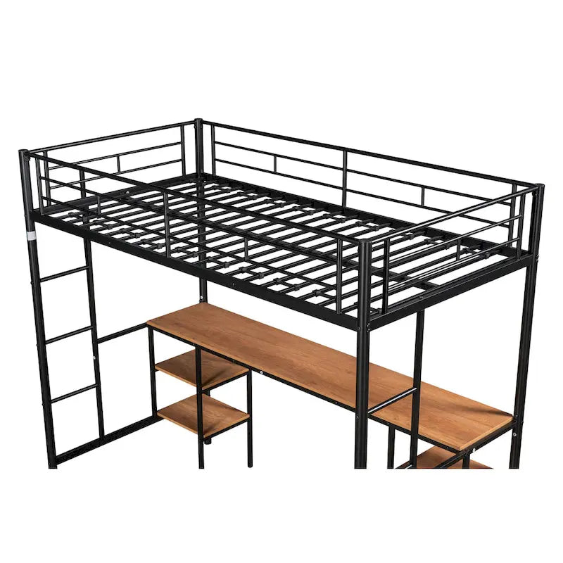Black Metal Loft Bed with Built-in Desk, Shelves and Safety Guardrail
